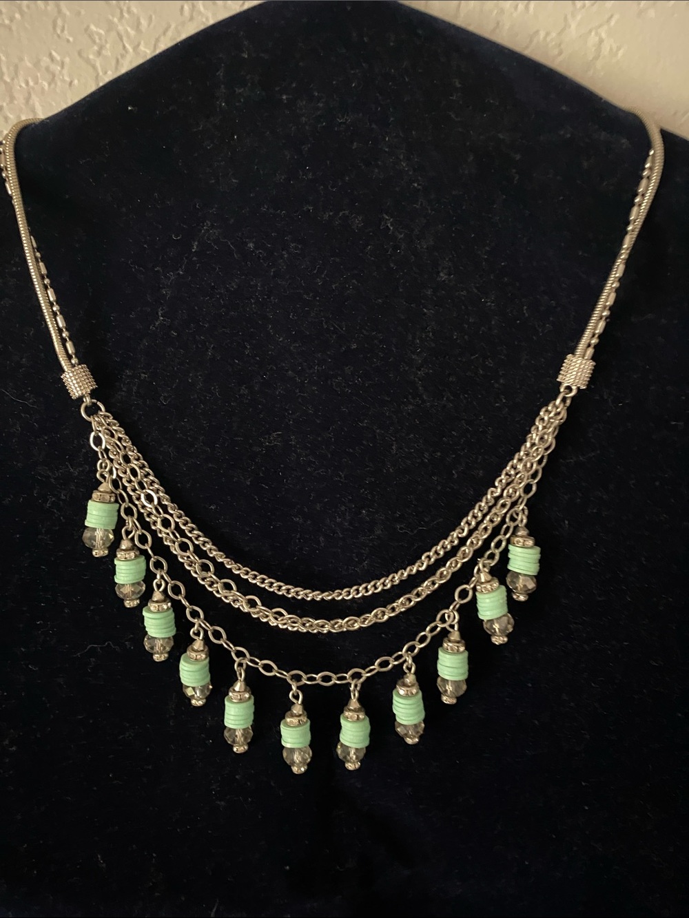 Layered Silver Necklace with Aqua Beads - Women Jewelry